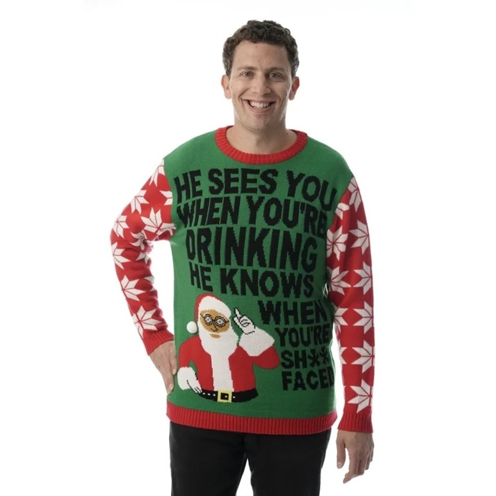 Mens Ugly Christmas Sweater Green & Red - “Santa Sees You…”Size XL